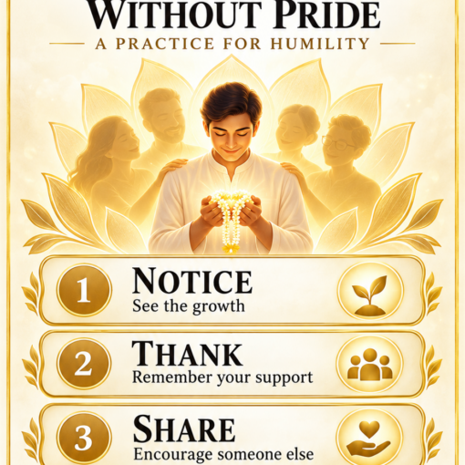Ananda-X Daily Digest poster: Celebrate Progress Without Pride, a three-step gratitude and humility practice