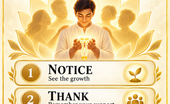 Ananda-X Daily Digest poster: Celebrate Progress Without Pride, a three-step gratitude and humility practice