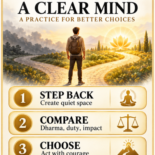 Ananda-X Daily Digest poster: Decide With a Clear Mind, a three-step values-based decision practice