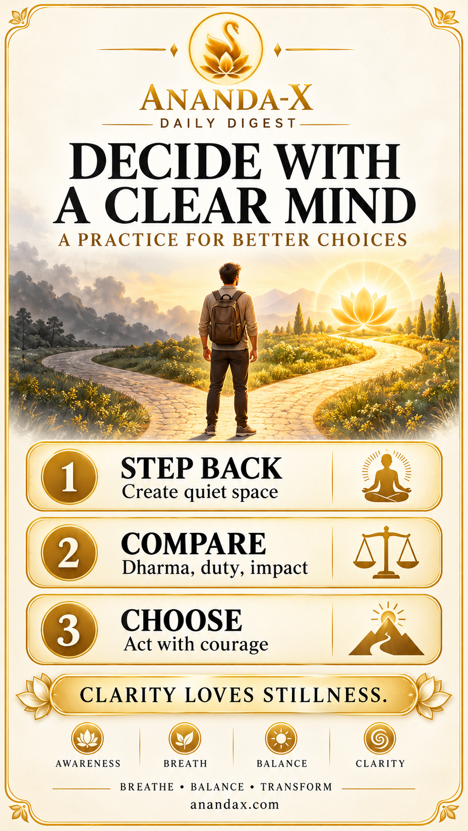 Ananda-X Daily Digest poster: Decide With a Clear Mind, a three-step values-based decision practice