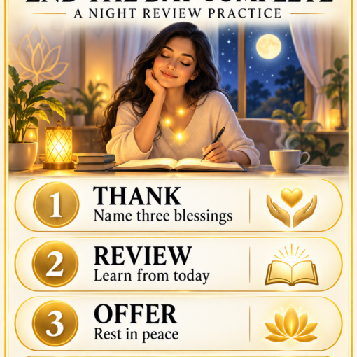 Ananda-X Daily Digest poster: End the Day Complete, a three-step gratitude and night-review practice
