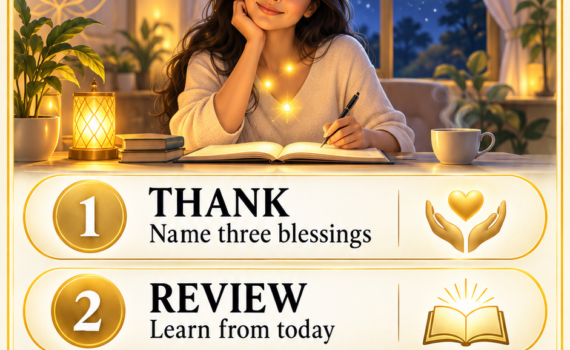 Ananda-X Daily Digest poster: End the Day Complete, a three-step gratitude and night-review practice