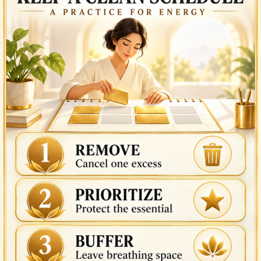 Ananda-X Daily Digest poster: Keep a Clean Schedule, a three-step attention and time-management practice