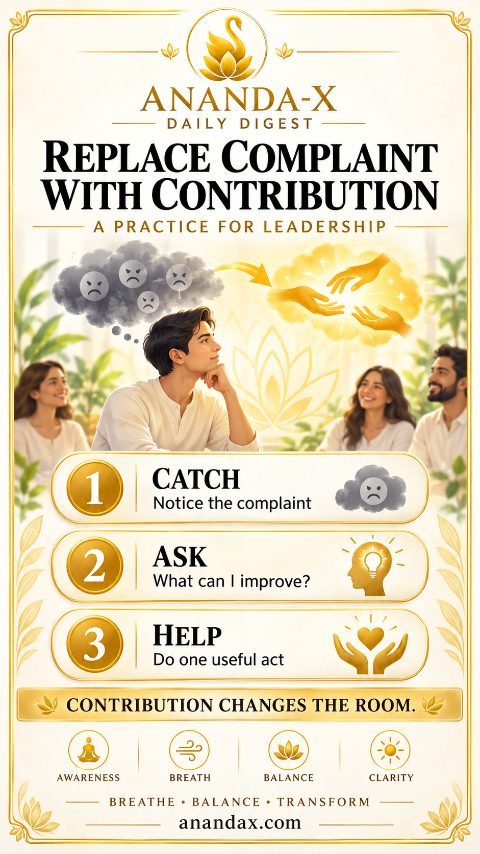 Ananda-X Daily Digest poster: Replace Complaint With Contribution, a three-step constructive action practice